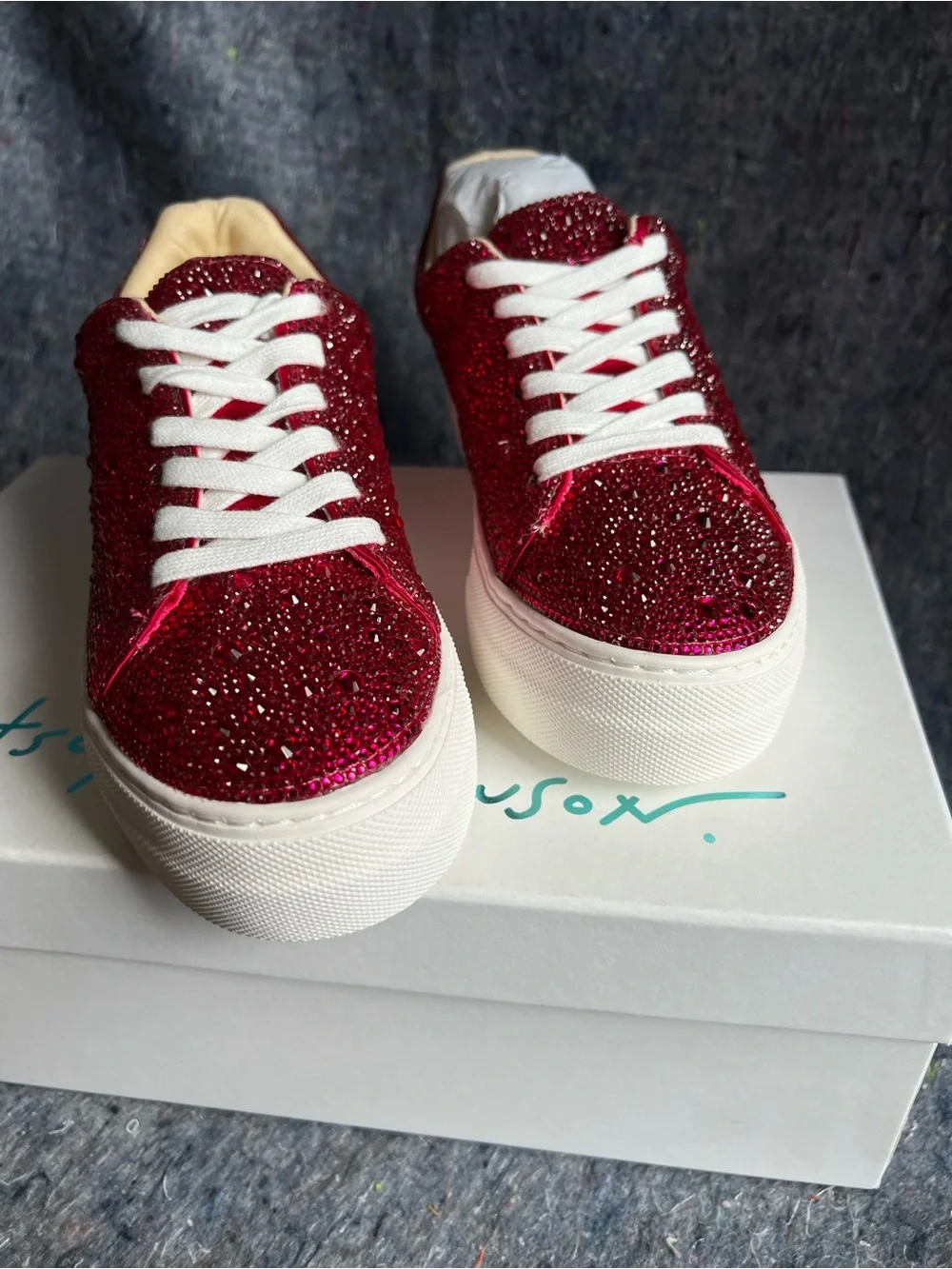 Betsey Johnson Sidny Red beaded Platform Sneakers with White Soles